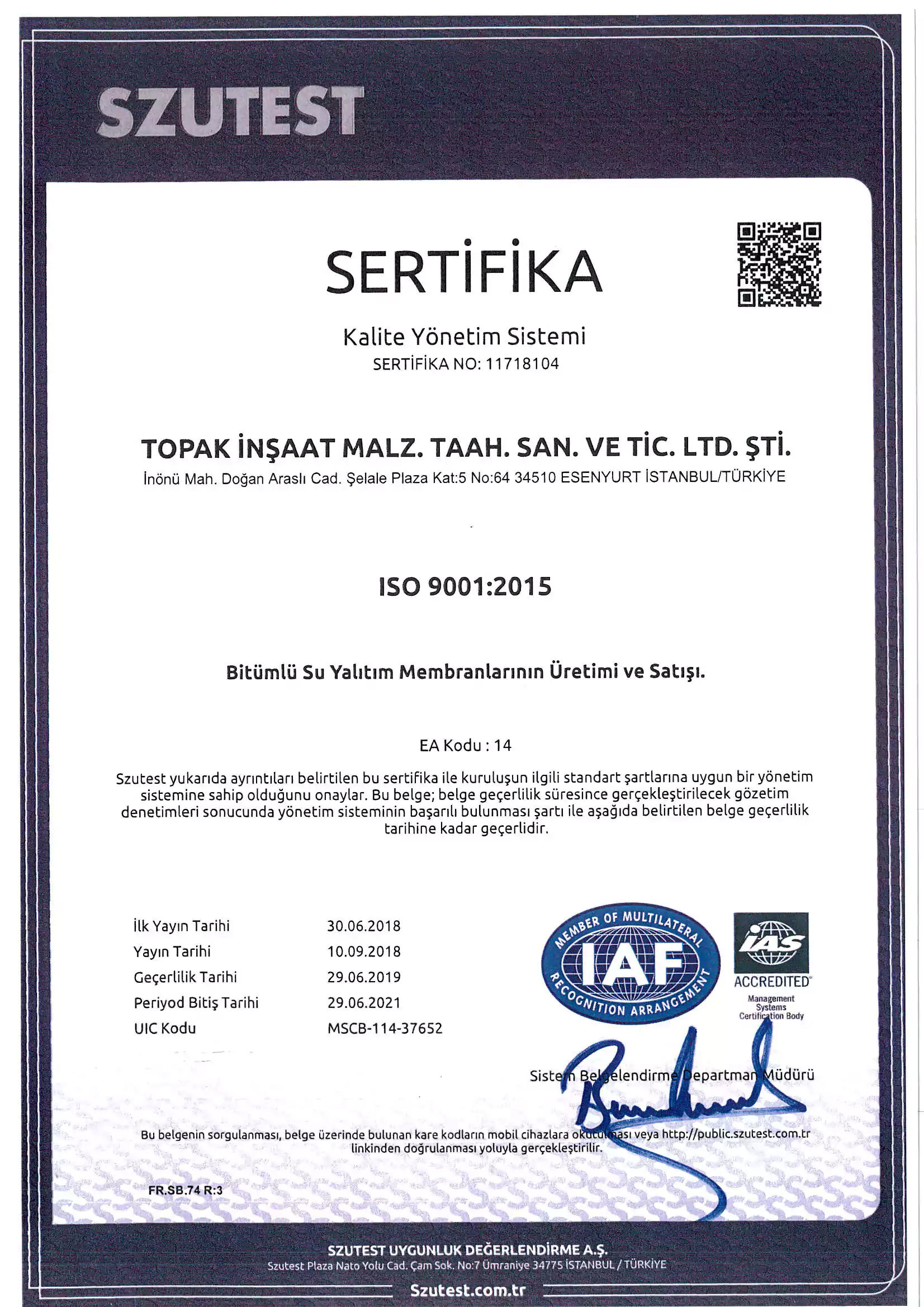 Сертификат ISO Topak по строительству